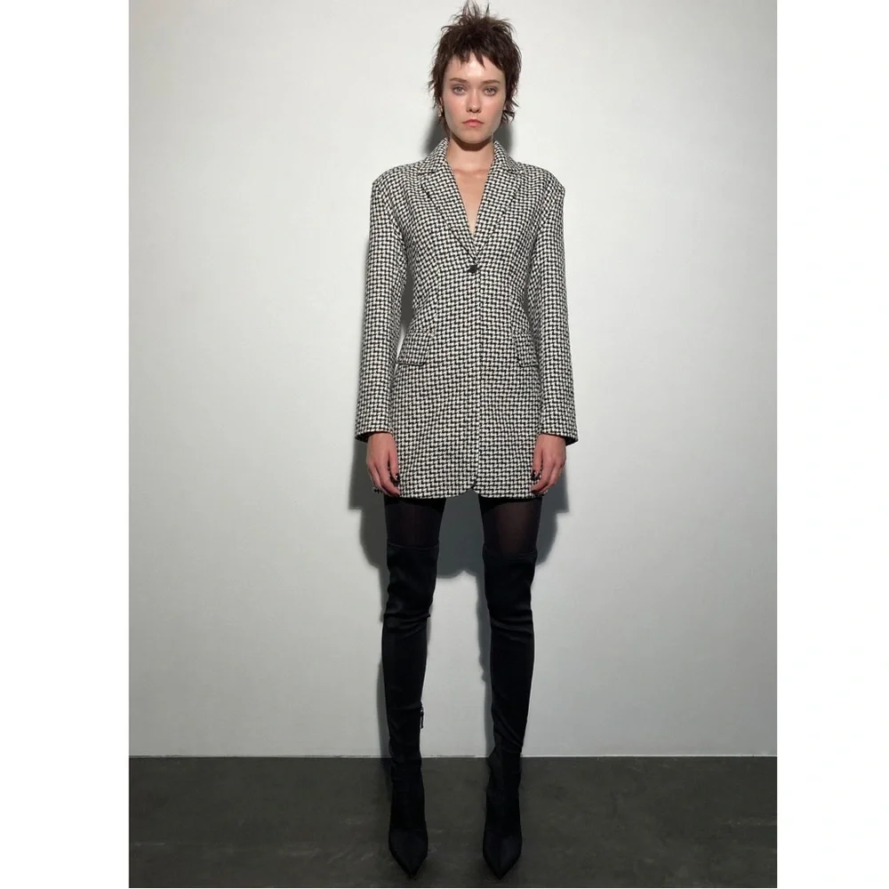 ZARA Tweed Houndstooth Lace Up Open Back Preppy Academia Blazer Mini Dress S - Picture 3 of 16